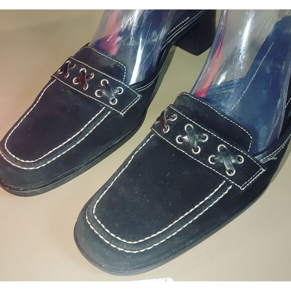 Coach Black Leather Size 7.5 Block Heels Slip On Mules Loafers Iris Suede Square - Picture 8 of 14